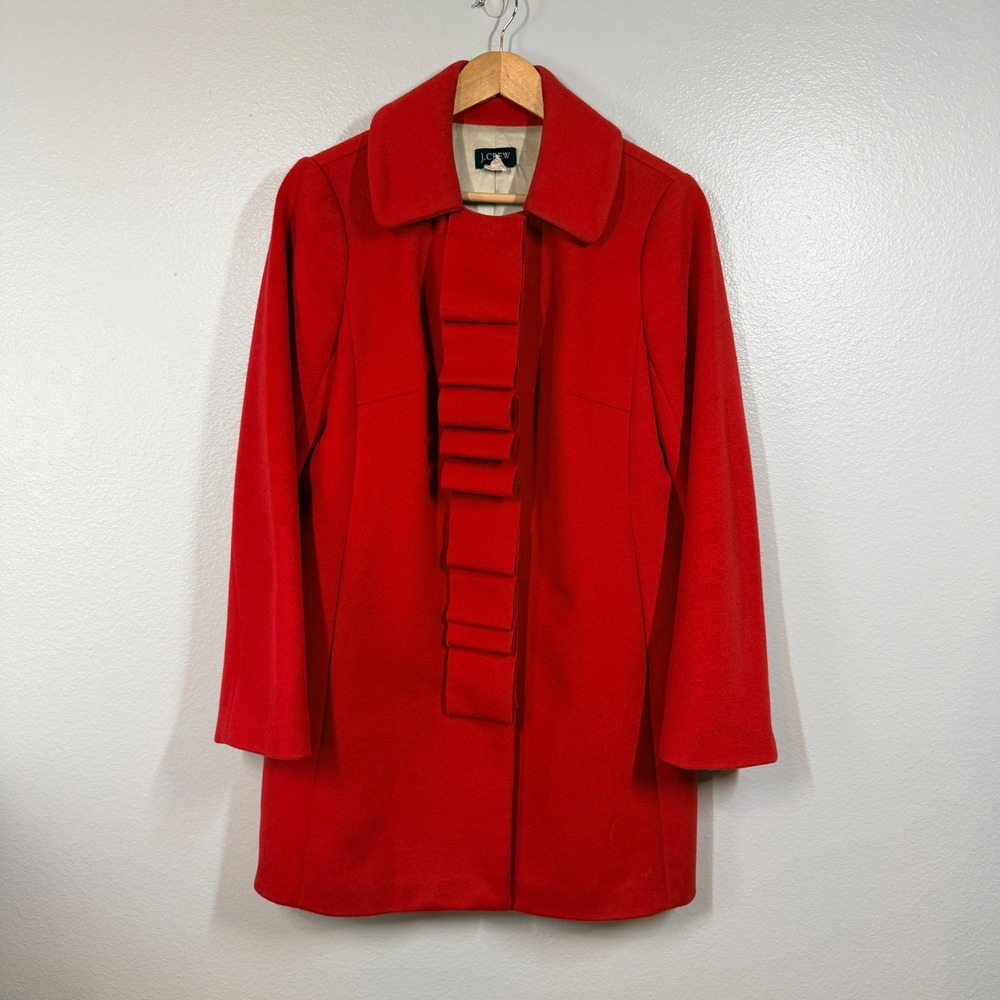 J.Crew Coat Women 8 Red Ruffle Front Wool Peacoat Ruffle Trim Long Sleeve